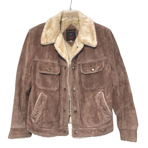 Vintage Grande Bay Suede Trucker Jacket 44 Sherpa Faux Fur Lined Western Cowboy - Picture 2 of 15